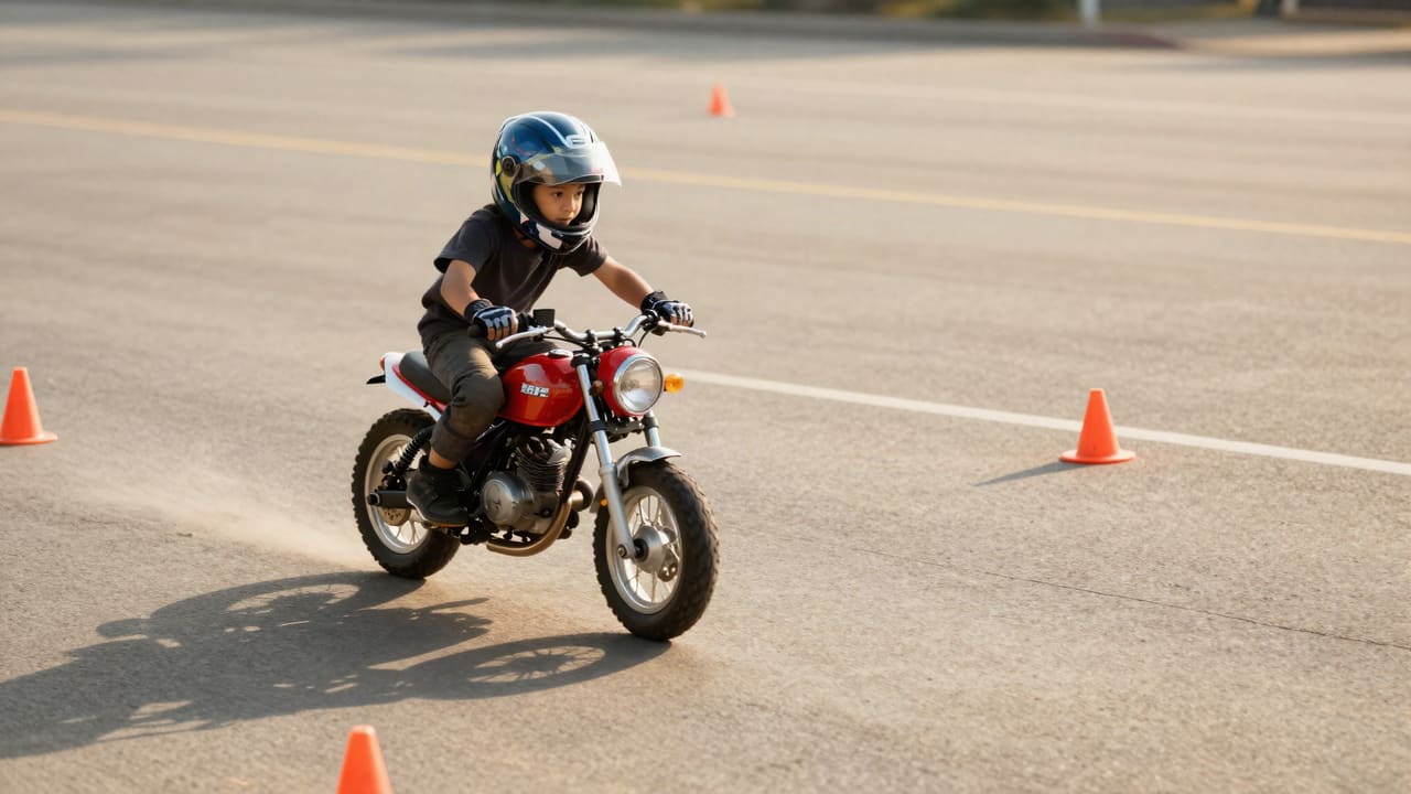 Kapalı eğitim alanında konilerin arasında yavaş slalom çalışan kasklı motosiklet sürücüsü
