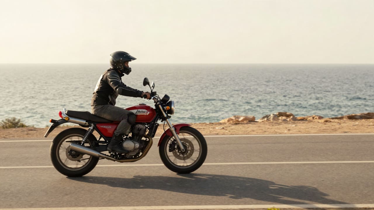 Sahil yolunda kask ve koruyucu ceketle motosiklet süren sürücü