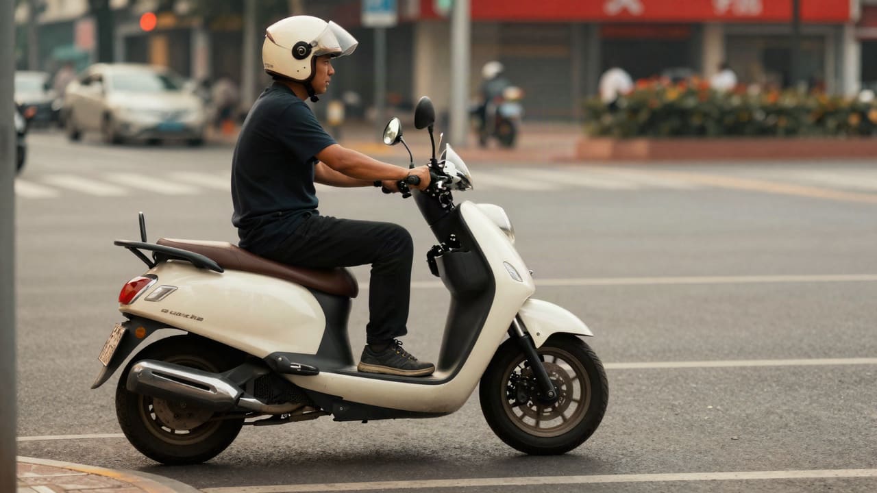 Şehir içi kavşakta bekleyen otomatik vitesli maxi scooter ve kasklı sürücüsü